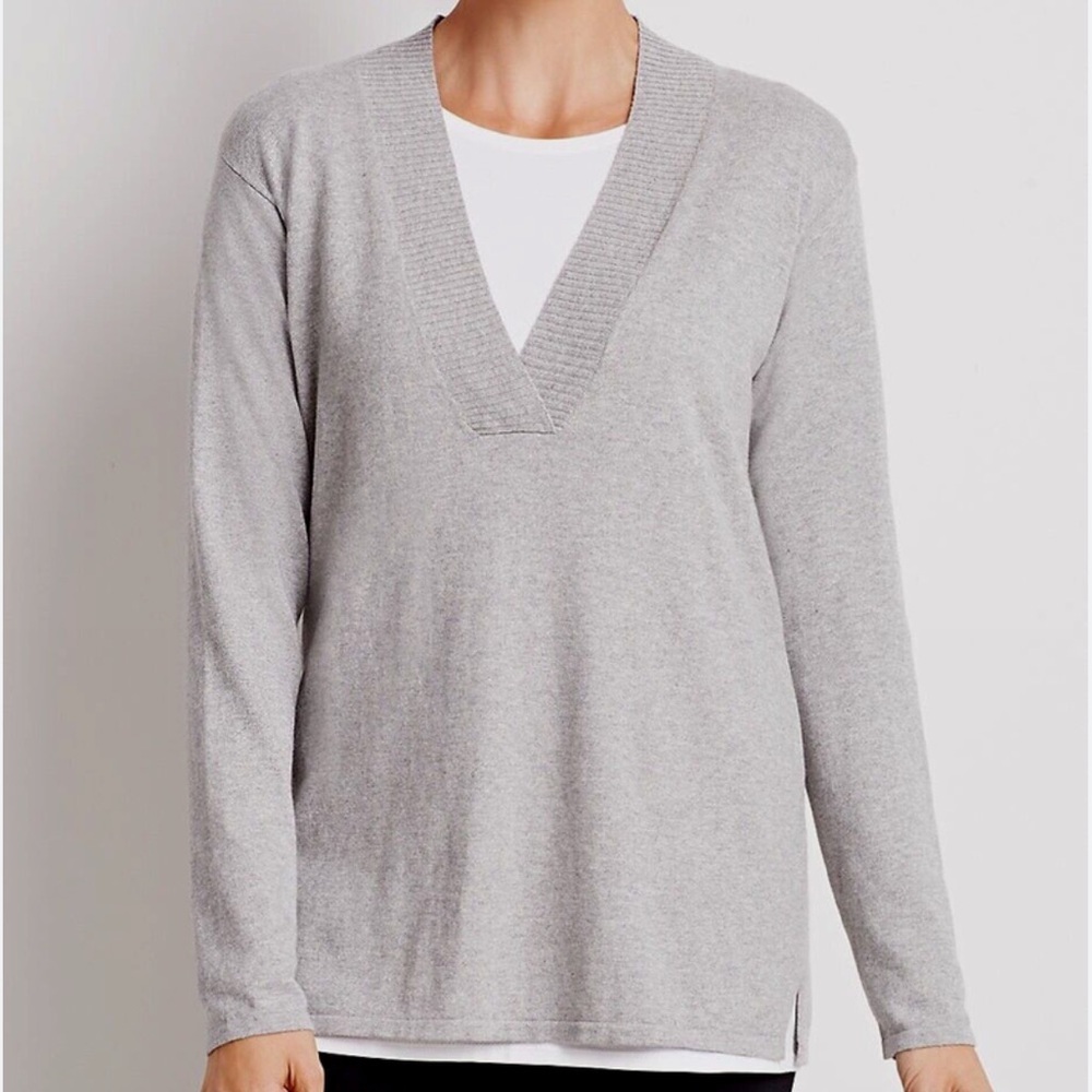 J.Jill Pure Jill Women M Gray Cotton Cashmere Deep V-Neck Pullover Tunic Sweater